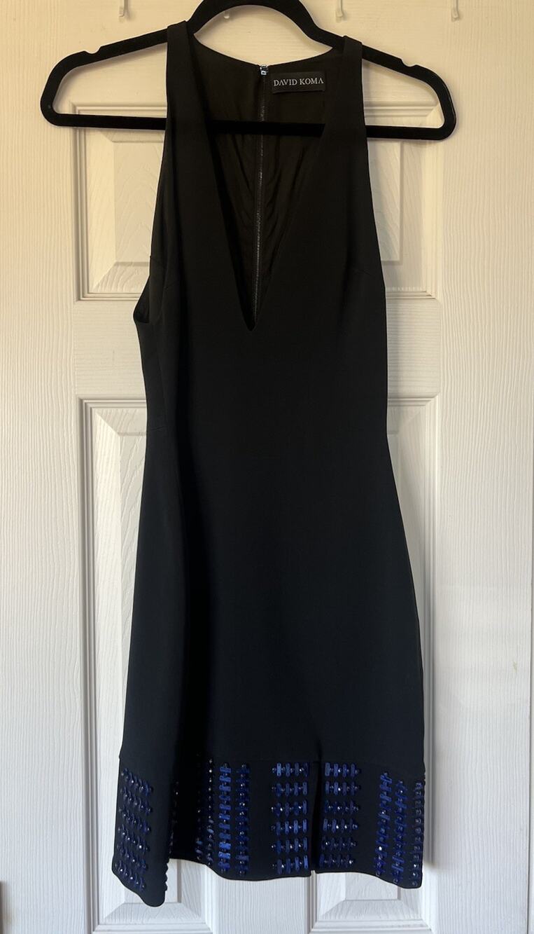New David Koma Black Sleeveless Mini Dress With Blue Crystal Hem US Size 2 XS